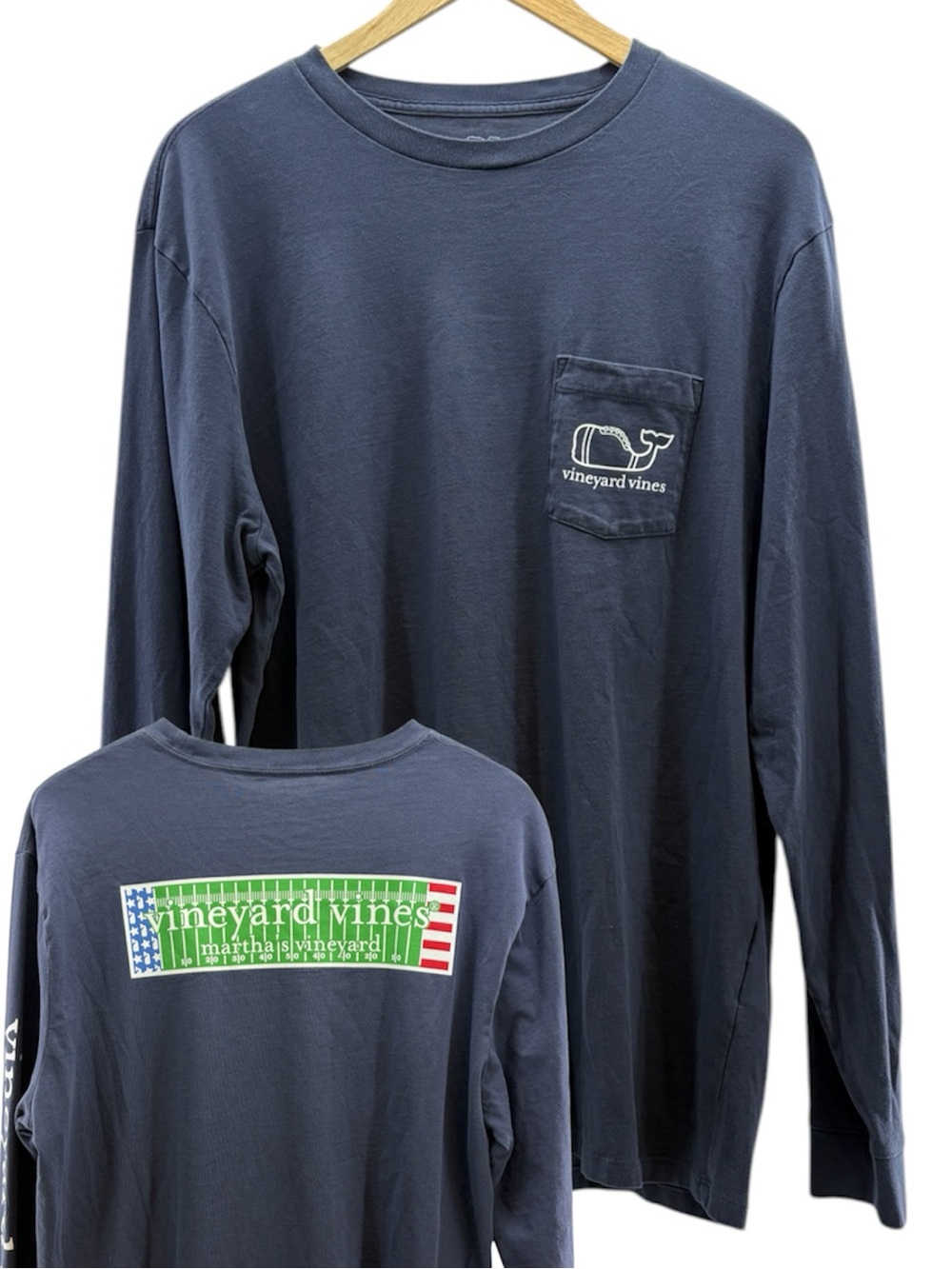 Vineyard Vines Football Navy Long-Sleeve Pocket Tee Field Back Graphic Size L